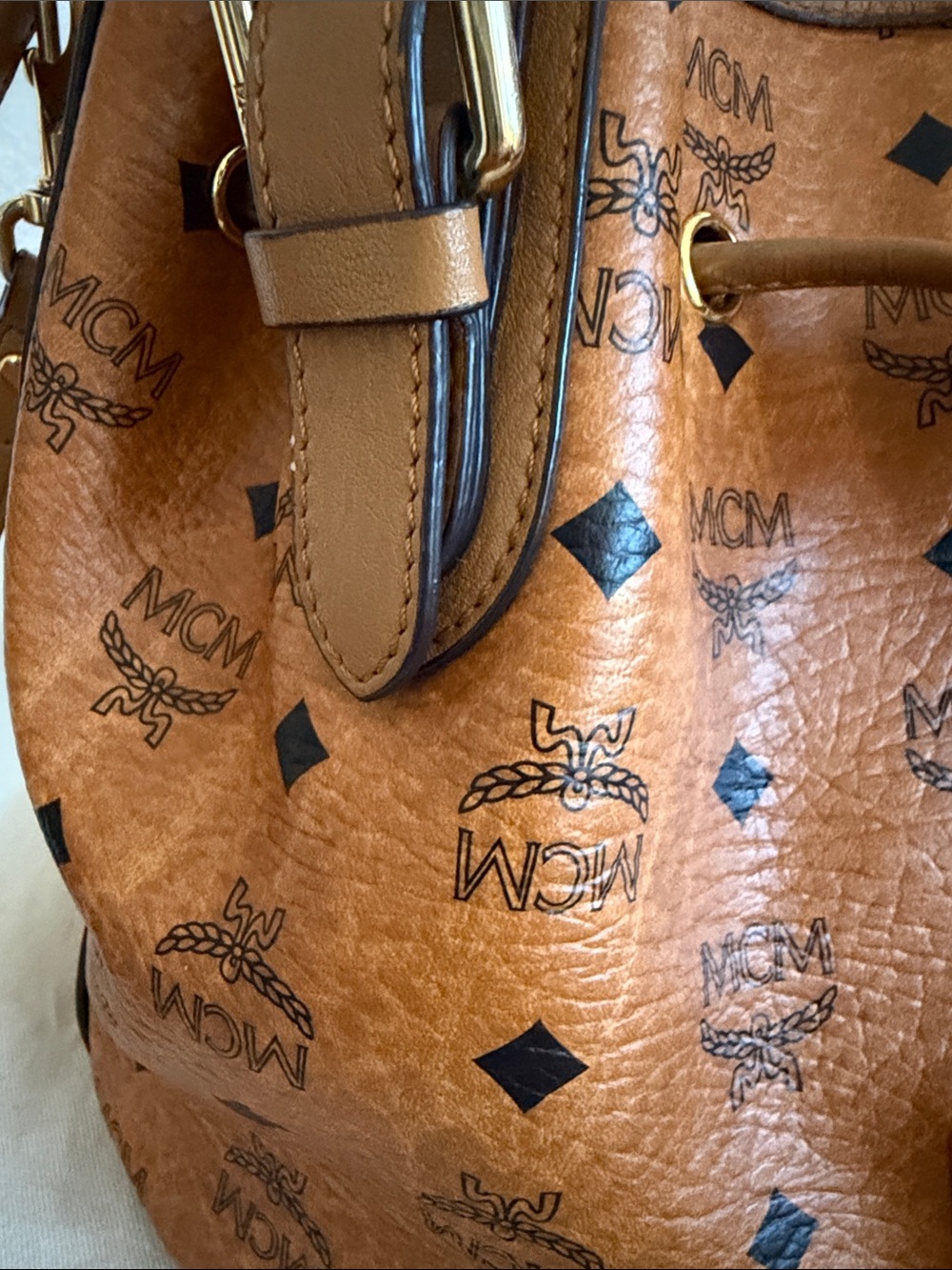 MCM Cognac Visetos Logo Drawstring Crossbody/Shoulder Bag - Picture 6 of 12